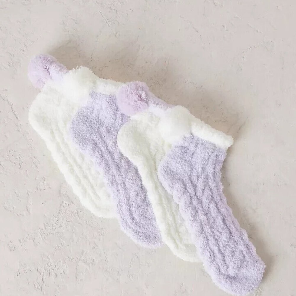 Anthropologie Socks LEMON Set 2 POM POM Lavender Ivory Ankle Super SOFT Pair NWT